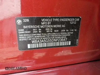 2013 BMW 3 Series 328i with VIN WBA3A5G55DNP23647, listed as a Copart auction lot 59254205 with 158,320 mi miles and Salvage title. Bid and sale history available at DreamBid. Image 12.