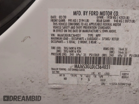 2020 Ford EcoSport SE with VIN MAJ6S3GL0LC364031, listed as a IAAI auction lot 41574817 with 95,682 mi miles and . Bid and sale history available at DreamBid. Image 9.