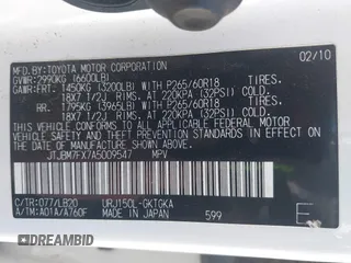 2010 Lexus GX 460 with VIN JTJBM7FX7A5009547, listed as a IAAI auction lot 42532447 with 198,544 mi miles and . Bid and sale history available at DreamBid. Image 9.