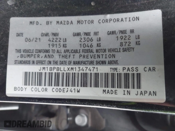 2021 Mazda Mazda3 Hatchback Preferred with VIN JM1BPBLLXM1347471, listed as a IAAI auction lot 41240377 with 68,685 mi miles. Bid and sale history available at carsss.com. Image 9.