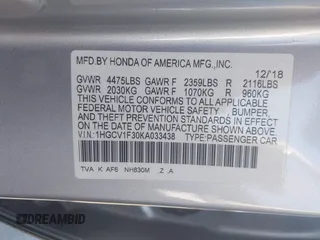 2019 Honda Accord Sedan Sport 1.5T with VIN 1HGCV1F30KA033438, listed as a IAAI auction lot 41758952 with 56,510 mi miles. Bid and sale history available at carsss.com. Image 9.