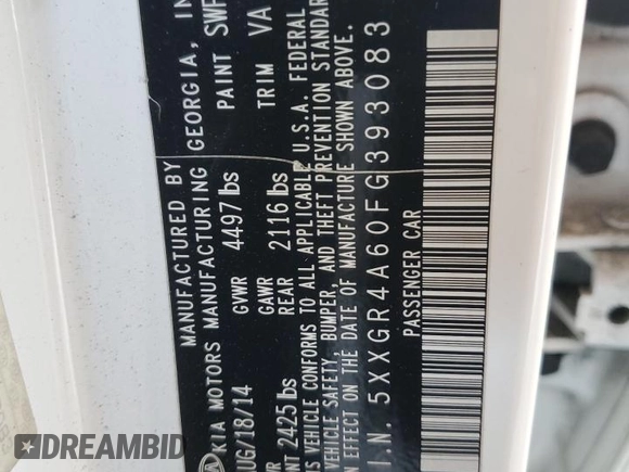 2015 Kia Optima SXL Turbo with VIN 5XXGR4A60FG393083, listed as a Copart auction lot 53338165 with Not Provided miles and Salvage Title. Bid and sale history available at DreamBid. Image 12.