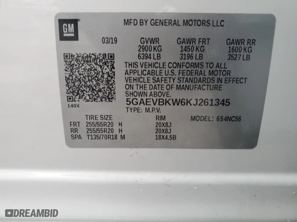 2019 Buick Enclave Premium with VIN 5GAEVBKW6KJ261345, listed as a Copart auction lot 85327654 with 76,573 mi miles and Salvage Title. Bid and sale history available at carsss.com. Image 15.