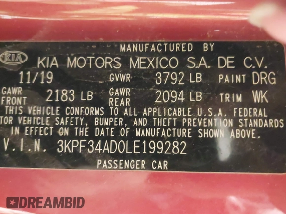 2020 Kia Forte GT-Line with VIN 3KPF34AD0LE199282, listed as a IAAI auction lot 40875733 with 80,593 mi miles. Bid and sale history available at carsss.com. Image 9.