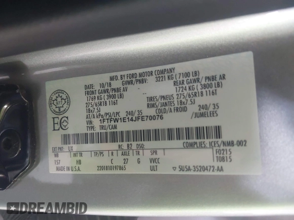 2018 Ford F-150 XL with VIN 1FTFW1E14JFE70076, listed as a IAAI auction lot 42149521 with 54,113 mi miles and . Bid and sale history available at DreamBid. Image 9.