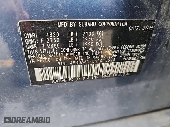 2022 Subaru Legacy Premium with VIN 4S3BWAC65N3015614, listed as a IAAI auction lot 42801148 with 93,803 mi miles and . Bid and sale history available at DreamBid. Image 30.