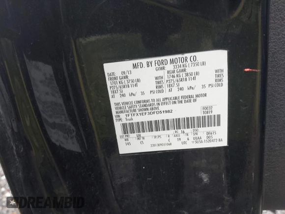 2013 Ford F-150 XL with VIN 1FTFX1EF3DFD51982, listed as a IAAI auction lot 42016831 with 160,937 mi miles. Bid and sale history available at carsss.com. Image 9.