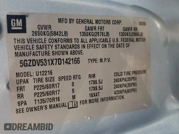 2007 Saturn Relay 1 z VIN 5GZDV531X7D142166, wystawiony jako Copart lot #72148954 z przebiegiem 191 240 mil mil oraz Szkoda całkowita • Salvage title. Historia ofert i sprzedaży dostępna na DreamBid. Obrazek 13.