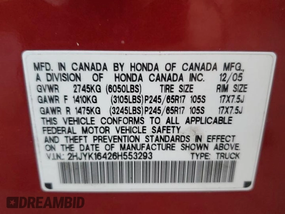 2006 Honda Ridgeline RTS with VIN 2HJYK16426H553293, listed as a Copart auction lot 75463114 with 92,599 mi miles and Non Repairable. Bid and sale history available at carsss.com. Image 12.