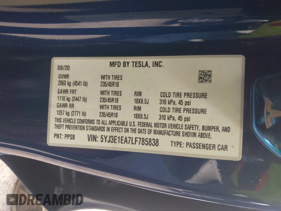 2020 Tesla Model 3 Standard Range Plus with VIN 5YJ3E1EA7LF785838, listed as a IAAI auction lot 41586081 with 38,392 mi miles and . Bid and sale history available at carsss.com. Image 9.