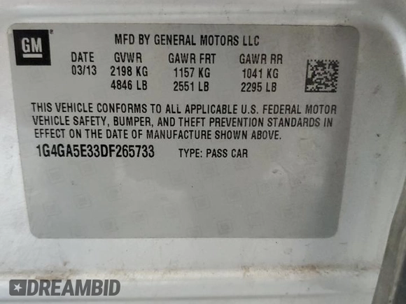 2013 Buick LaCrosse с VIN 1G4GA5E33DF265733, выставлен на аукционе Copart как лот 55846305 с пробегом 162 612 миль миль и Списание • Salvage title. История ставок и продаж доступна на DreamBid. Изображение 12.