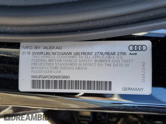 2016 Audi A6 Premium Plus with VIN WAUFGAFC9GN003860, listed as a Copart auction lot 43025735 with 94,104 mi miles and Salvage Title. Bid and sale history available at DreamBid. Image 14.