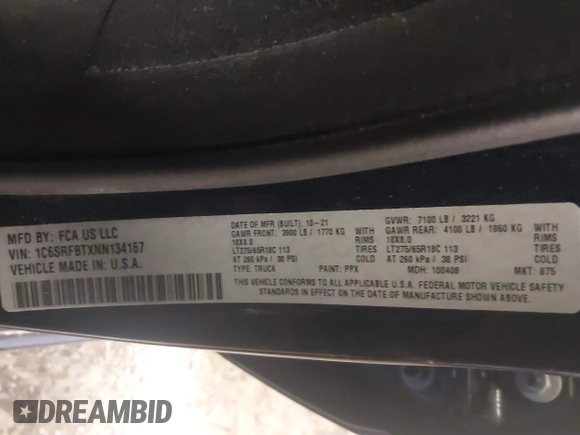 2022 Ram 1500 Big Horn с VIN 1C6SRFBTXNN134167, выставлен на аукционе IAAI как лот 41427090 с пробегом 24 104 миль миль и . История ставок и продаж доступна на DreamBid. Изображение 9.