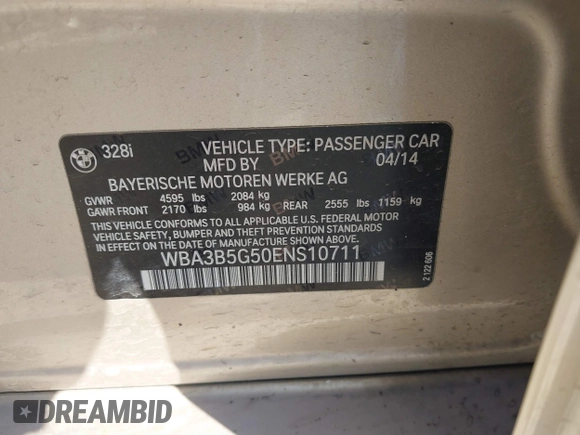 2014 BMW 3 Series 328i xDrive with VIN WBA3B5G50ENS10711, listed as a IAAI auction lot 41595781 with 161,568 mi miles. Bid and sale history available at carsss.com. Image 9.