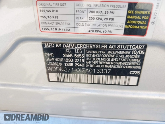2007 Mercedes-Benz S 550 with VIN WDDNG71XX7A013337, listed as a IAAI auction lot 42022393 with 151,671 mi miles and . Bid and sale history available at carsss.com. Image 9.