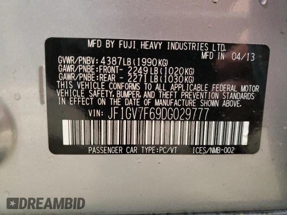 2013 Subaru WRX WRX Limited with VIN JF1GV7F69DG029777, listed as a Copart auction lot 62360765 with 136,809 mi miles and Salvage title. Bid and sale history available at DreamBid. Image 13.