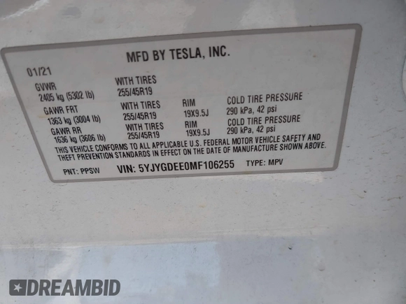 2021 Tesla Model Y Long Range with VIN 5YJYGDEE0MF106255, listed as a IAAI auction lot 41736610 with Not Provided miles. Bid and sale history available at carsss.com. Image 9.