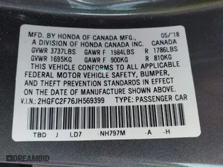 2018 Honda Civic Sedan EX with VIN 2HGFC2F76JH569399, listed as a IAAI auction lot 40804466 with 8,593 mi miles. Bid and sale history available at carsss.com. Image 9.