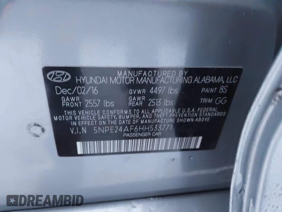 2017 Hyundai Sonata 2.4L with VIN 5NPE24AF6HH533771, listed as a IAAI auction lot 41179431 with 76,597 mi miles and . Bid and sale history available at carsss.com. Image 9.