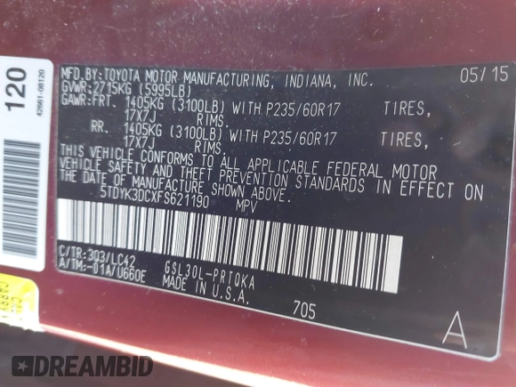 2015 Toyota Sienna XLE with VIN 5TDYK3DCXFS621190, listed as a IAAI auction lot 41646481 with 173,817 mi miles. Bid and sale history available at carsss.com. Image 9.