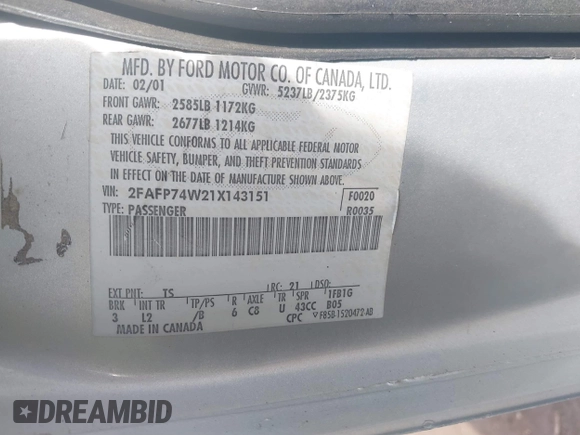 2001 Ford Crown Victoria LX с VIN 2FAFP74W21X143151, выставлен на аукционе IAAI как лот 41471923 с пробегом 207 583 миль миль и . История ставок и продаж доступна на DreamBid. Изображение 9.