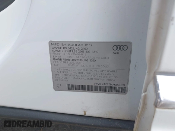 2017 Audi Q5 Premium Plus z VIN WA1L2AFP5HA096029, wystawiony jako IAAI lot #42278540 z przebiegiem 95 450 mil mil oraz . Historia ofert i sprzedaży dostępna na DreamBid. Obrazek 9.