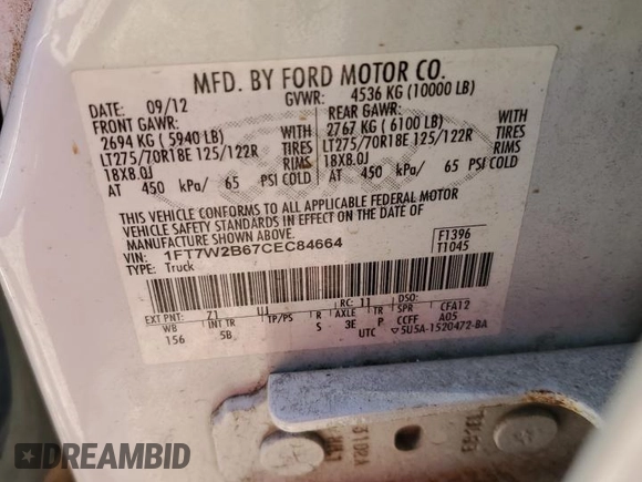 2012 Ford F-250 XL with VIN 1FT7W2B67CEC84664, listed as a Copart auction lot 53691645 with 209,117 mi miles and Salvage title. Bid and sale history available at DreamBid. Image 14.