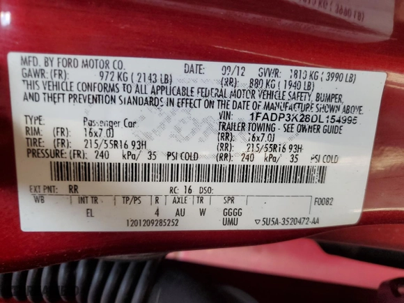 2013 Ford Focus SE with VIN 1FADP3K28DL154995, listed as a Copart auction lot 50069935 with 151,500 mi miles and Salvage Title. Bid and sale history available at carsss.com. Image 14.