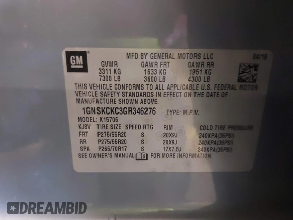 2016 Chevrolet Tahoe LTZ with VIN 1GNSKCKC3GR346276, listed as a IAAI auction lot 41646214 with 102,625 mi miles and . Bid and sale history available at DreamBid. Image 9.