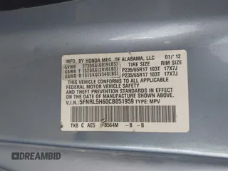 2012 Honda Odyssey EX-L with VIN 5FNRL5H60CB051959, listed as a IAAI auction lot 41967908 with Not Provided miles and . Bid and sale history available at carsss.com. Image 9.