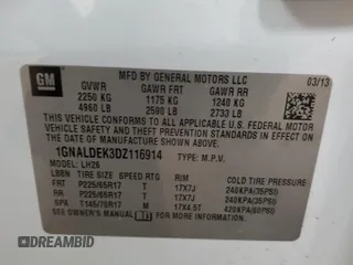 2013 Chevrolet Equinox LT with VIN 1GNALDEK3DZ116914, listed as a Copart auction lot 62698224 with 186,105 mi miles and Salvage Title. Bid and sale history available at DreamBid. Image 13.