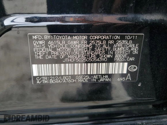 2012 Lexus IS 250 with VIN JTHCF5C25C5054390, listed as a Copart auction lot 54791205 with 103,917 mi miles and Salvage Title. Bid and sale history available at DreamBid. Image 12.