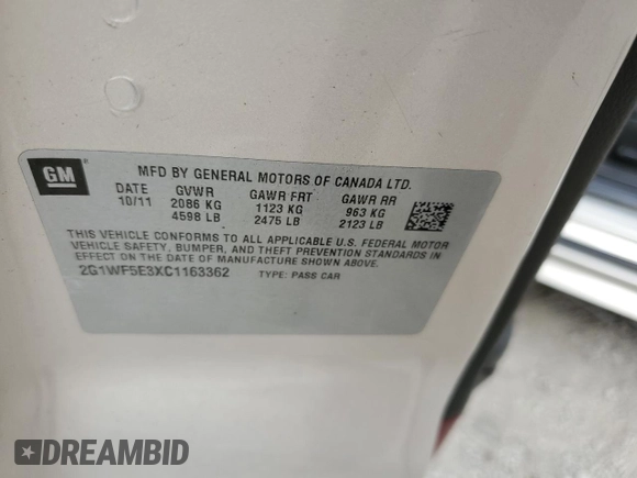 2012 Chevrolet Impala LS Fleet with VIN 2G1WF5E3XC1163362, listed as a Copart auction lot 53824555 with 228,984 mi miles and Clean Title. Bid and sale history available at DreamBid. Image 12.