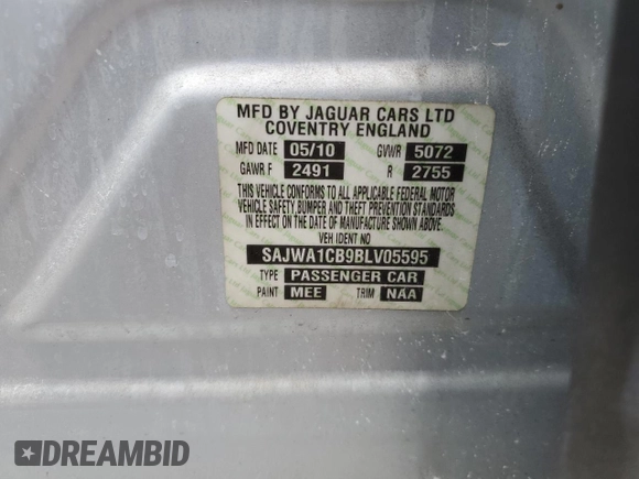 2011 Jaguar XJ with VIN SAJWA1CB9BLV05595, listed as a Copart auction lot 54947855 with 39,516 mi miles and Salvage title. Bid and sale history available at DreamBid. Image 12.