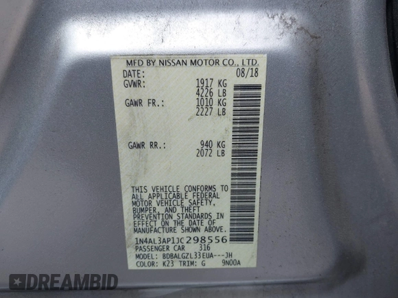 2018 Nissan Altima SV with VIN 1N4AL3AP1JC298556, listed as a IAAI auction lot 41809072 with 57,557 mi miles and . Bid and sale history available at DreamBid. Image 9.