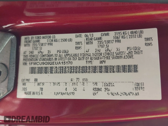 2014 Ford Escape SE with VIN 1FMCU9G92EUA15170, listed as a IAAI auction lot 42456495 with 158,123 mi miles and . Bid and sale history available at DreamBid. Image 9.