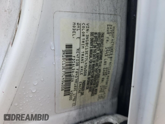 2007 Nissan Versa S with VIN 3N1BC13E77L456008, listed as a Copart auction lot 58585505 with 150,004 mi miles and Salvage title. Bid and sale history available at DreamBid. Image 12.