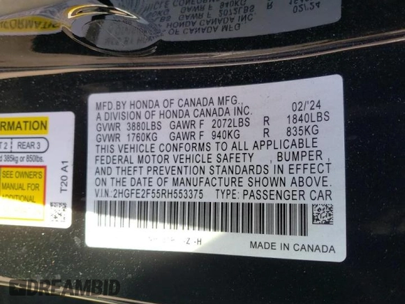 2024 Honda Civic Sedan Sport with VIN 2HGFE2F55RH553375, listed as a Copart auction lot 48743365 with 10,866 mi miles and Salvage Title. Bid and sale history available at carsss.com. Image 14.