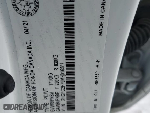 2021 Honda Civic Sedan EX with VIN 2HGFC2F79MH016587, listed as a Copart auction lot 89180235 with 80,489 mi miles and Salvage Title. Bid and sale history available at carsss.com. Image 12.