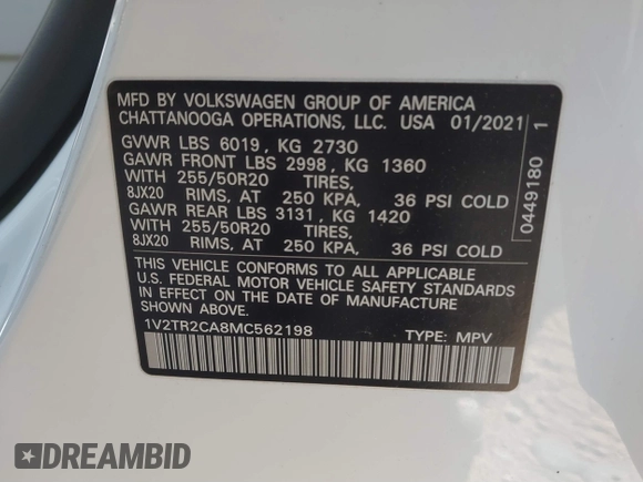 2021 Volkswagen Atlas SEL Premium z VIN 1V2TR2CA8MC562198, wystawiony jako IAAI lot #41853528 z przebiegiem 57 413 mil mil oraz . Historia ofert i sprzedaży dostępna na DreamBid. Obrazek 9.