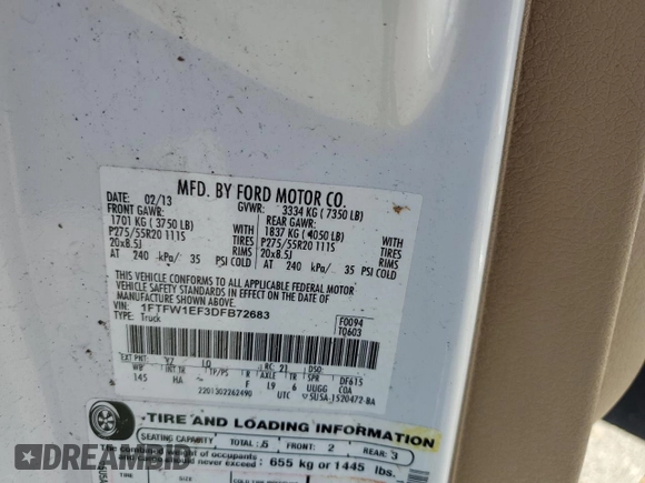 2013 Ford F-150 XL with VIN 1FTFW1EF3DFB72683, listed as a Copart auction lot 74614184 with 186,306 mi miles and Salvage Title. Bid and sale history available at carsss.com. Image 12.
