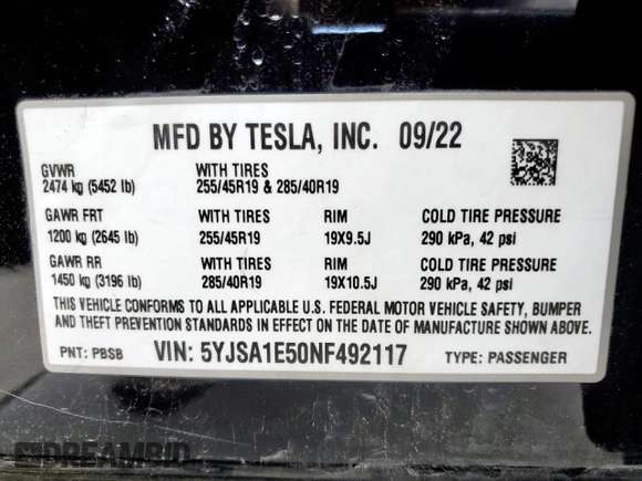 2022 Tesla Model S с VIN 5YJSA1E50NF492117, выставлен на аукционе Copart как лот 54307855 с пробегом 42 940 миль миль и Списание • Salvage title. История ставок и продаж доступна на DreamBid. Изображение 13.