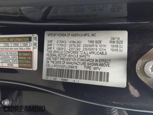 2020 Acura RDX with VIN 5J8TC1H37LL008478, listed as a IAAI auction lot 42450570 with 47,887 mi miles and . Bid and sale history available at DreamBid. Image 9.