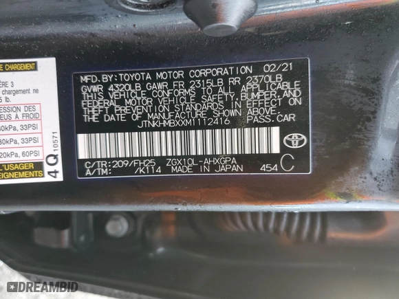 2021 Toyota C-HR LE with VIN JTNKHMBXXM1112416, listed as a Copart auction lot 45220435 with 53,335 mi miles and Salvage Title. Bid and sale history available at carsss.com. Image 15.