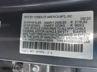 2020 Honda Accord Sedan Sport with VIN 1HGCV1F3XLA138506, listed as a IAAI auction lot 41175205 with 94,261 mi miles. Bid and sale history available at carsss.com. Image 9.