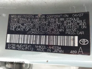 2007 Toyota Prius with VIN JTDKB20U377653926, listed as a IAAI auction lot 42175428 with 198,500 mi miles. Bid and sale history available at carsss.com. Image 9.
