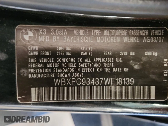 2007 BMW X3 3.0si с VIN WBXPC93437WF18139, выставлен на аукционе Copart как лот 65290025 с пробегом 62 060 миль миль и Чистый • Clean title. История ставок и продаж доступна на DreamBid. Изображение 14.