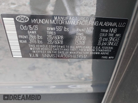 2023 Hyundai Santa Fe SEL with VIN 5NMS24AJ0PH634517, listed as a IAAI auction lot 41844925 with 29,504 mi miles and . Bid and sale history available at DreamBid. Image 9.