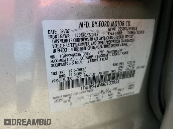 2008 Ford Taurus SEL with VIN 1FAHP24W48G133054, listed as a Copart auction lot 73537024 with 123,635 mi miles and Salvage Title. Bid and sale history available at carsss.com. Image 15.