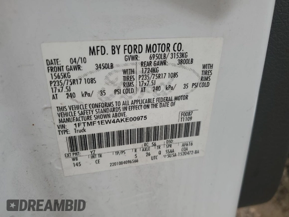 2010 Ford F-150 XL with VIN 1FTMF1EW4AKE00975, listed as a Copart auction lot 86004554 with 290,849 mi miles and Non Repairable. Bid and sale history available at DreamBid. Image 12.